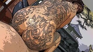 Raw doggystyle with inked up broad Luizza Saito, gets her tattooed tail pounded vigorously, POV style