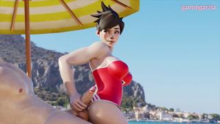 Swimsuit-clad Tracer goes rogue, unleashing unbridled fury on her massive, glowing rod