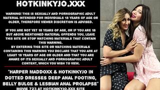 Harper Maddoxx and Hotkinkyjo in dotted dresses deep anal👌 play, belly bulge and lesbian anal👌 movement