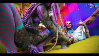 Two inked lesbians stretch each other’s asses with huge toys — gaping holes, ATM action, and real orgasms