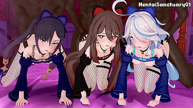 Furina &mdash;  Hu Tao & Mona Interracial Gangbang Orgy— Genshin Impact