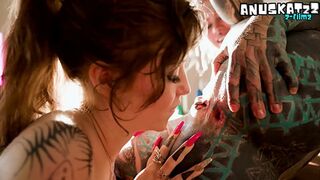 Lesbian Goth's Tattooed Asshole Dildo Play